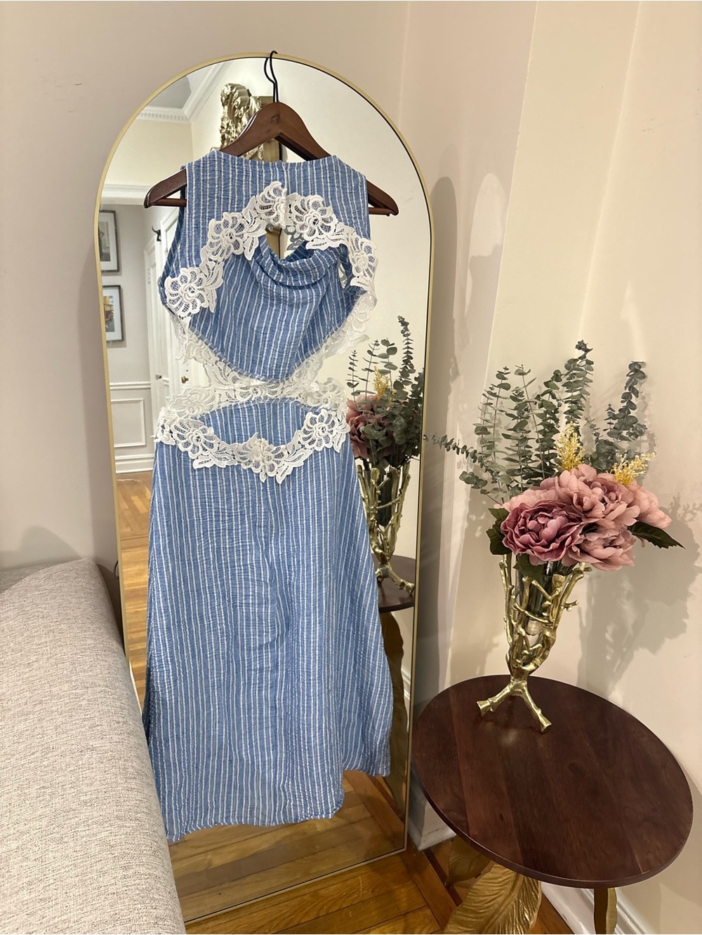 COMMENSE MEDIUM side panel cut out Blue & White Striped Lace-Inset Women’s Dress - Picture 3 of 14